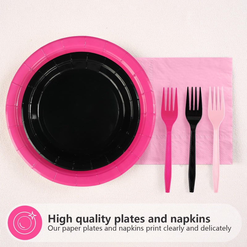 Grencian 96 Pcs Pink and Black Birthday Decorations Hot Pink Party Plates and Napkins Disposable Heavy Duty Pink and Black Tableware Set for Girls Women Birthday Bridal Shower Wedding Party Decor - Image 2